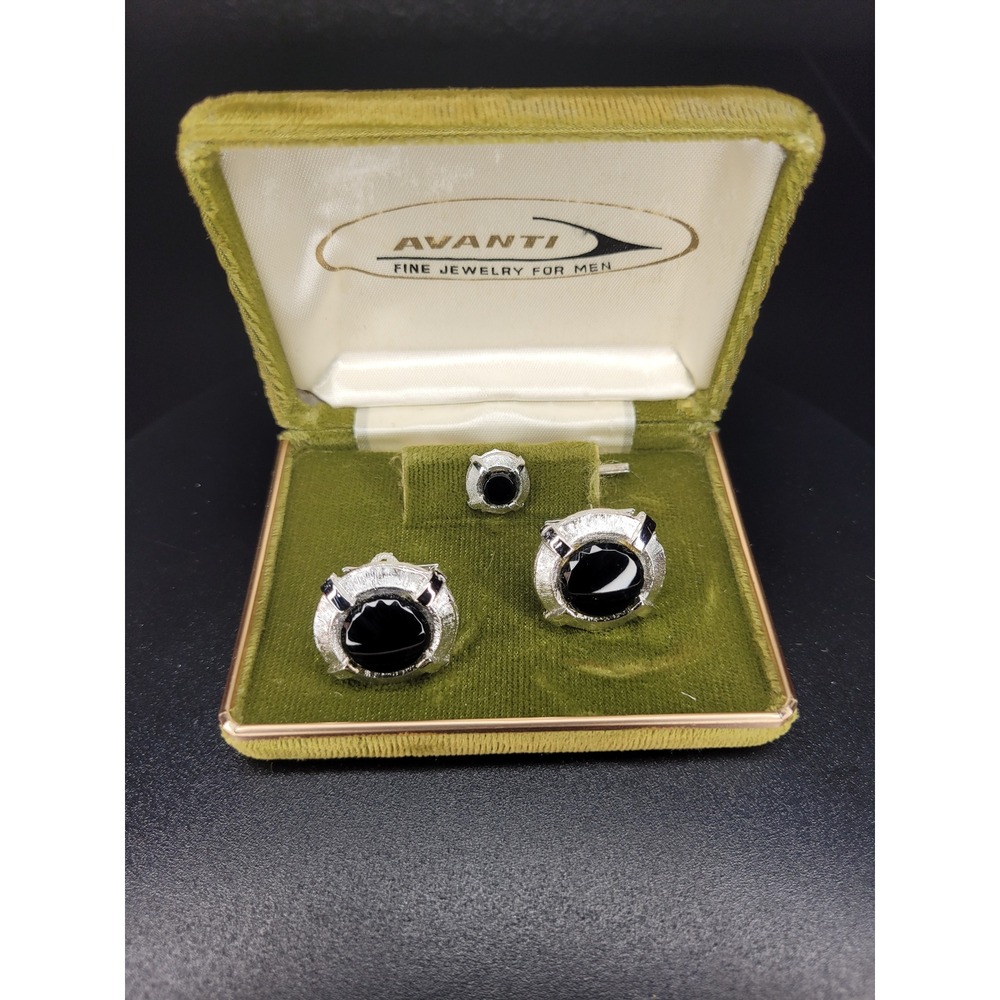 Avanti Cufflink Tie Tack Set Silver Tone Black Cabochon Textured Excellent